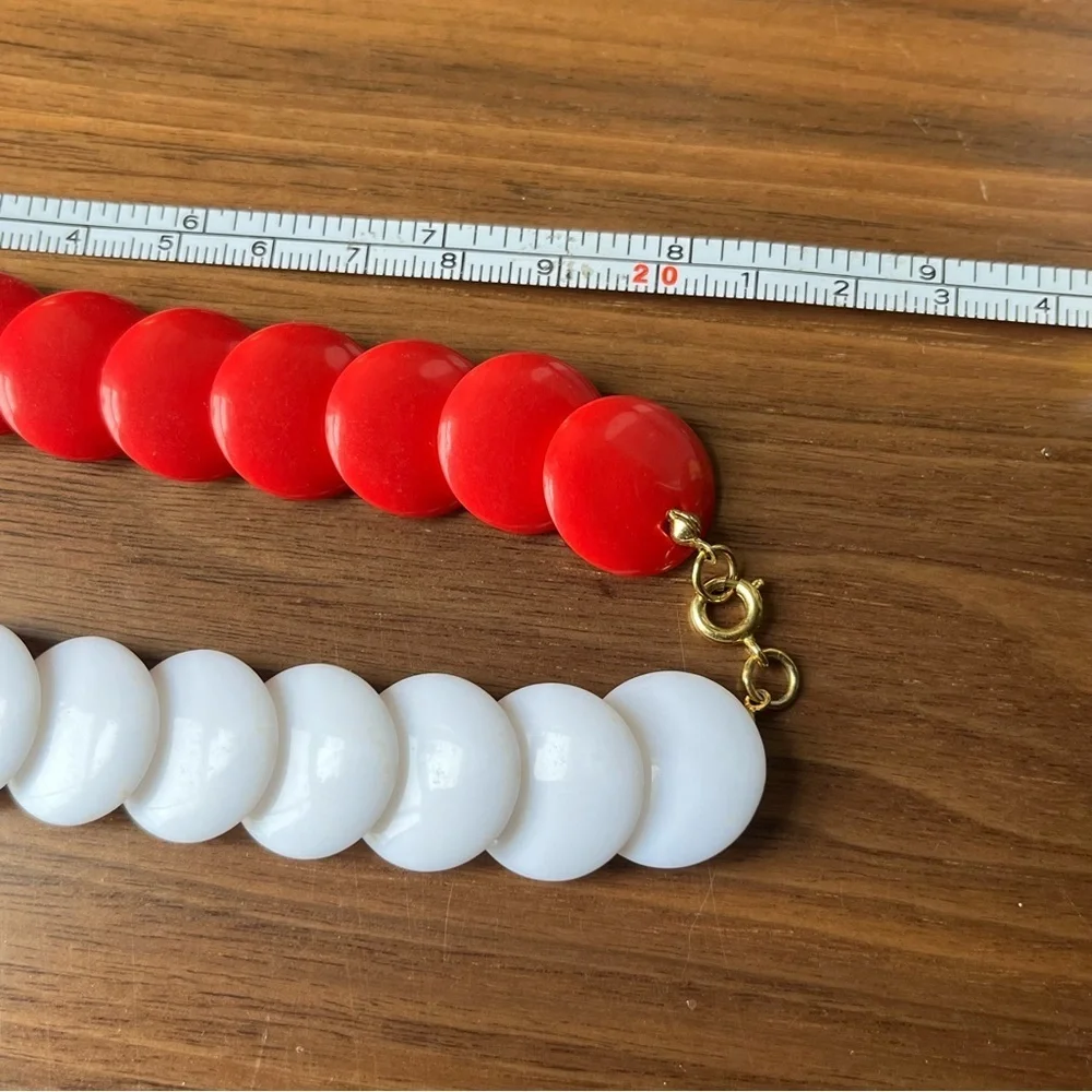 Vintage Cherry Red and Pure White Acrylic Beaded Necklace and Earring Set A1